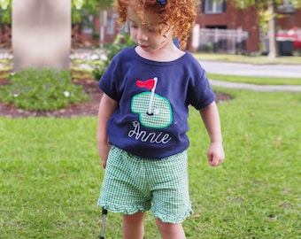 Golfoutfit meisjes - stoffen golfshirt voor meisjes - cadeau voor vader golfer - groene gingham ruche shorts - getailleerd T-shirt stoffen appliqué voor peutermeisje