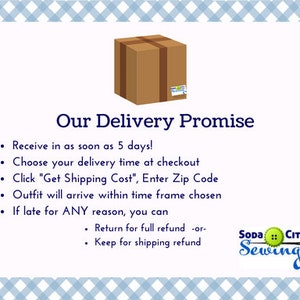May include: A brown cardboard box with a white label and the text "Our Delivery Promise" in blue. The text below the box lists the details of the delivery promise, including a 5-day delivery guarantee, the ability to choose a delivery time, and a refund policy.