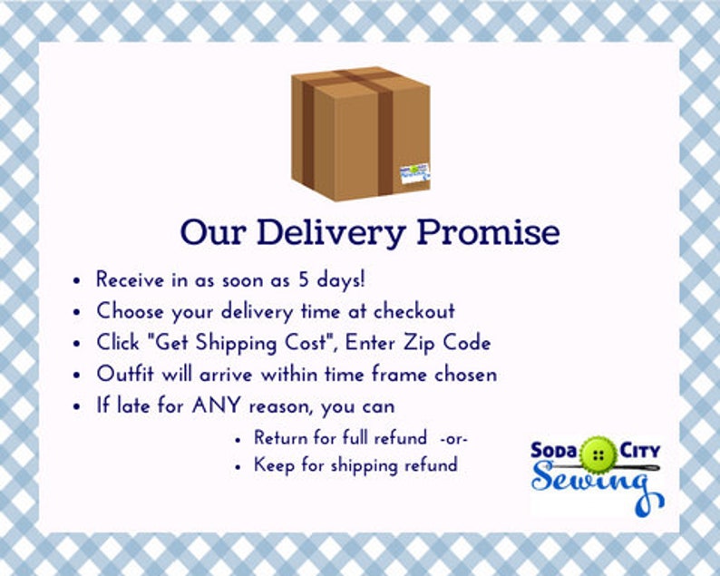 May include: A brown cardboard box with a white label and the text "Our Delivery Promise" in blue. The text below the box lists the details of the delivery promise, including a 5-day delivery guarantee, the ability to choose a delivery time, and a refund policy.