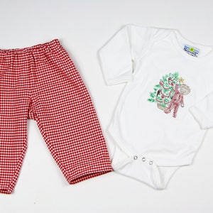 Toddler Christmas Shirt Embroidered - Little Boys Christmas Outfit - Red Gingham pants - Sketch Embroidery Outfit - Boys Nostalgic Christmas image 5