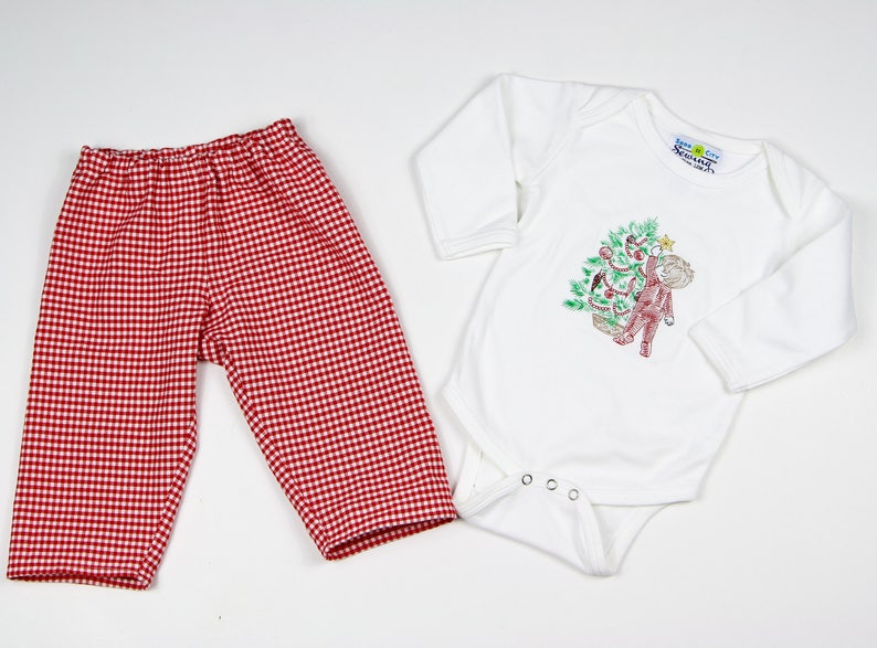 Toddler Christmas Shirt Embroidered - Little Boys Christmas Outfit - Red Gingham pants - Sketch Embroidery Outfit - Boys Nostalgic Christmas image 5