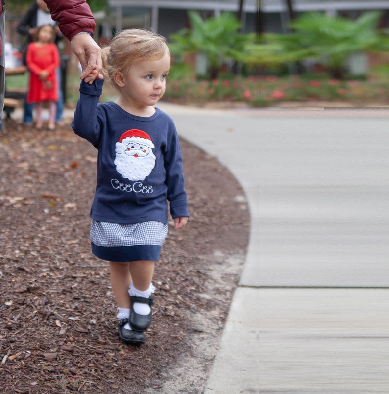 Girls Christmas Outfit Santa Applique Shirt & Navy Gingham Skirt Toddler Girl Holiday Clothes Baby Girl Personalized Christmas Tee image 3