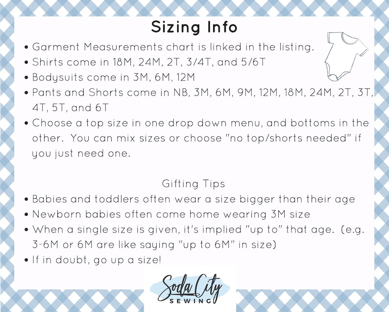 a blue and white gingham checkered background with the text sizing info