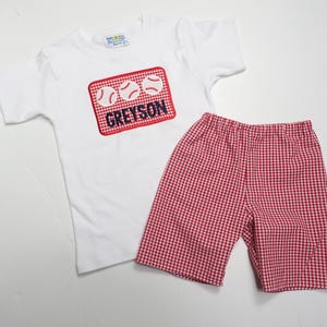 Baseball Shirt for Toddler Boys - Personalized Applique Sports Tee - Little Kid Base Ball T-Shirt - T-Ball TBall Outfit - Red Gingham Shorts image 5