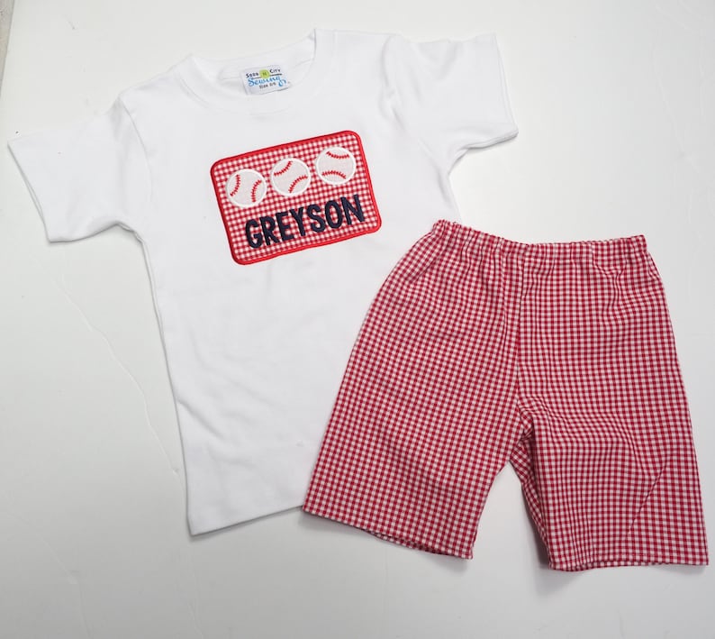 Baseball Shirt for Toddler Boys - Personalized Applique Sports Tee - Little Kid Base Ball T-Shirt - T-Ball TBall Outfit - Red Gingham Shorts image 5