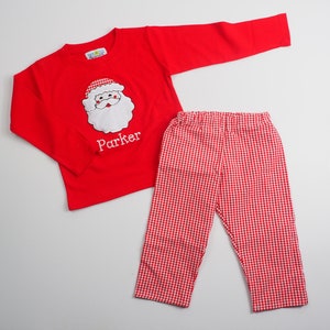 Toddler Boy Christmas Outfit - Red Santa Claus Shirt - Santa Christmas Applique - Santa Baby Tee - Baby Boy Santa Shirt - Red Gingham Pants image 4