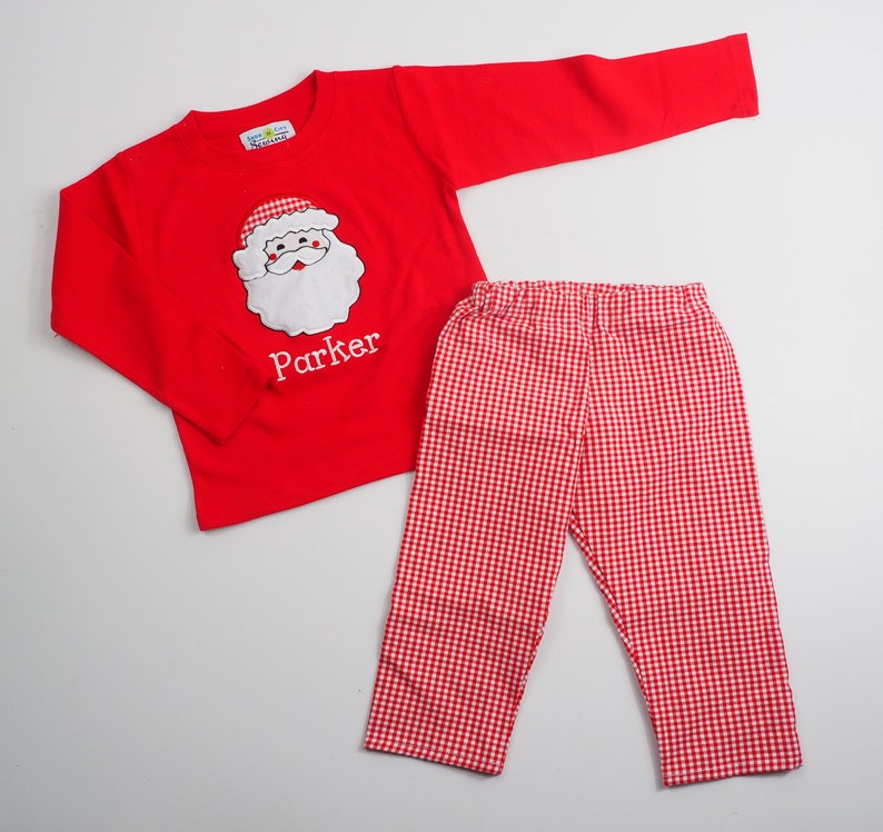 Toddler Boy Christmas Outfit - Red Santa Claus Shirt - Santa Christmas Applique - Santa Baby Tee - Baby Boy Santa Shirt - Red Gingham Pants image 4