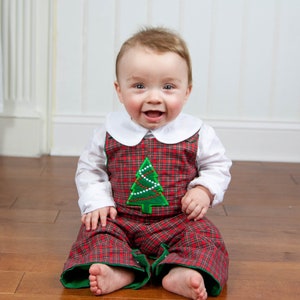 Christmas Tree Longall - Boys Christmas Outfit - Red Tartan Plaid Overalls - Christmas Outfit for Boys - Boys First Christmas Clothes