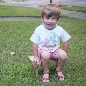First Day of Preschool Shirt - Vintage Stitch Boys Back to School Embroidery - Monogrammed 1st Day T-Shirt with Sketch Globe, Books, Apple image 4