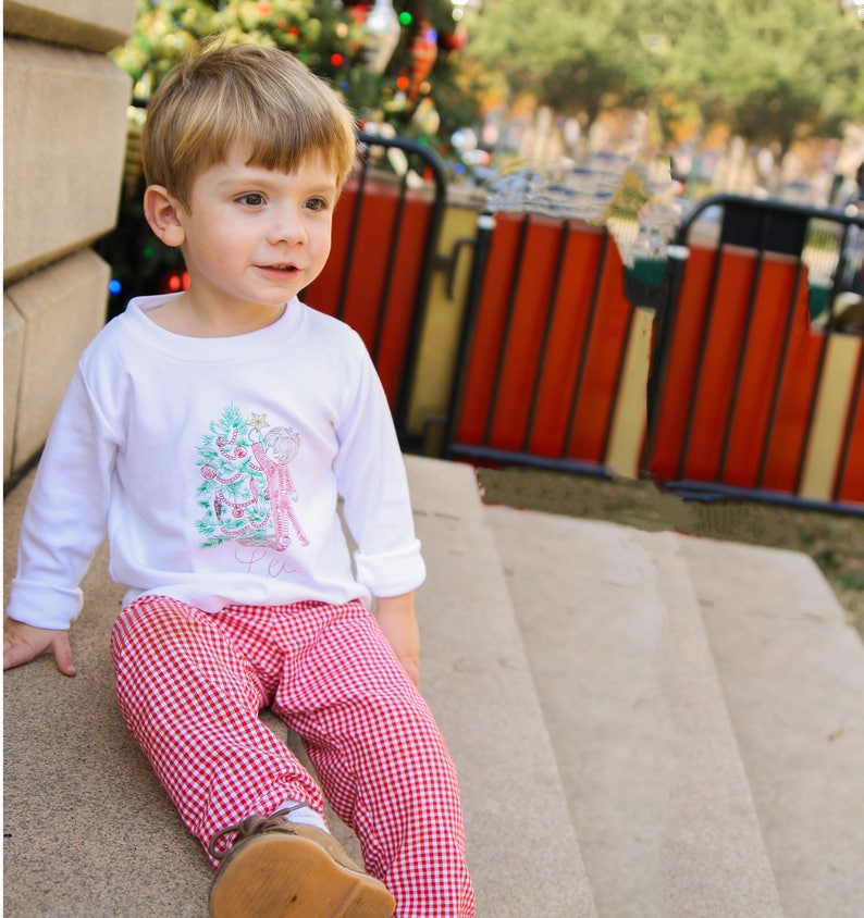 Toddler Christmas Shirt Embroidered - Little Boys Christmas Outfit - Red Gingham pants - Sketch Embroidery Outfit - Boys Nostalgic Christmas image 2