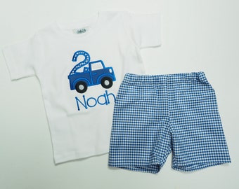 Blue Truck T-Shirt - 2nd Birthday Shirt - Little Boys Birthday Shirt - Royal Blue Gingham Shorts Set - First Birthday Bodysuit - Toddler