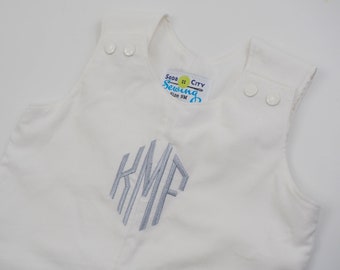 Boys Christening Outfit - Winter Wedding Ring Bearer Suit - Baby Boy Baptism Romper - White Corduroy Longalls - Monogrammed Baptism Clothes