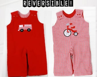 Reversible Rompers for Boys - Toddler Boy Clothes - Baby Boy Longalls - Tricycle Fire Truck Overalls - Baby Boy Outfit - Baby Shower Gift