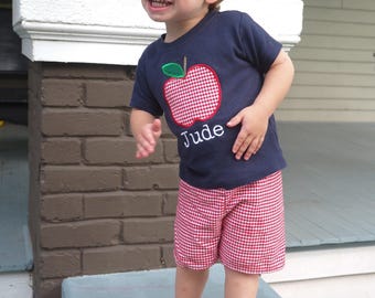 Boys Back to School Outfit - Apple Applique Shirt - First Day of Preschool T-shirt - 1st Day of PreK Bodysuit - Monogrammed Back to School