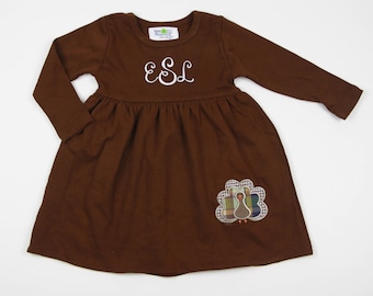 Thanksgiving-jurk meisjes - Turkije appliqué op bruine gebreide jurk, gepersonaliseerd met initialen