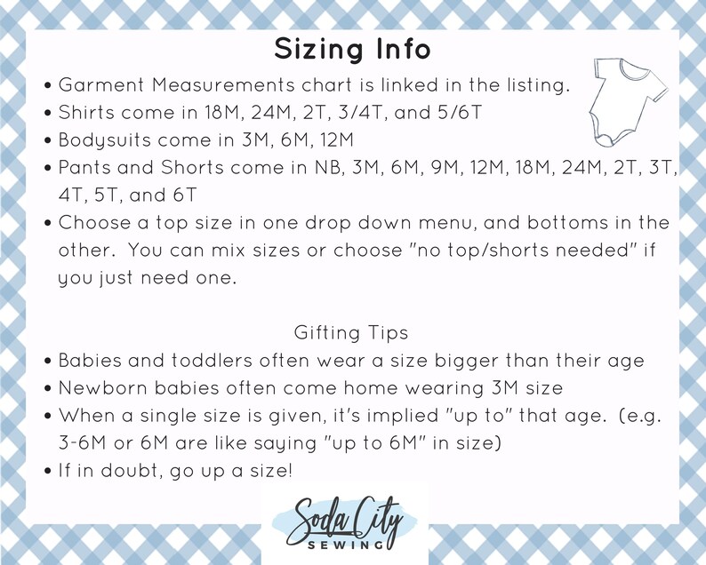 a blue and white gingham checkered background with the text sizing info