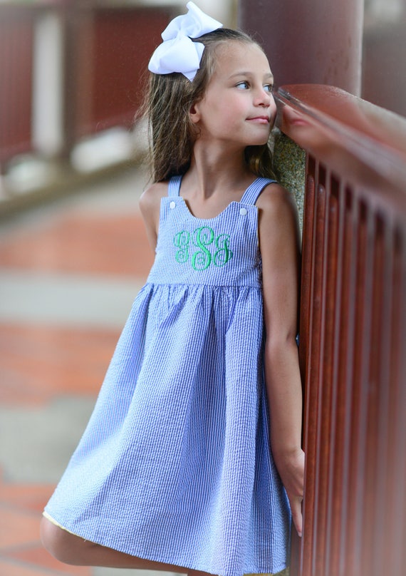 Monogrammed Girls Seersucker Dress Blue Seersucker Dress Newborn