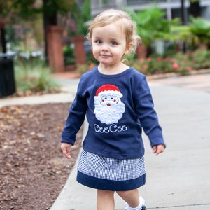 Girls Christmas Outfit Santa Applique Shirt & Navy Gingham Skirt Toddler Girl Holiday Clothes Baby Girl Personalized Christmas Tee image 1