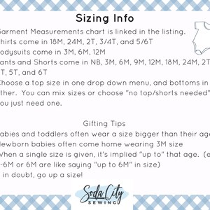 a blue and white gingham checkered background with the text sizing info