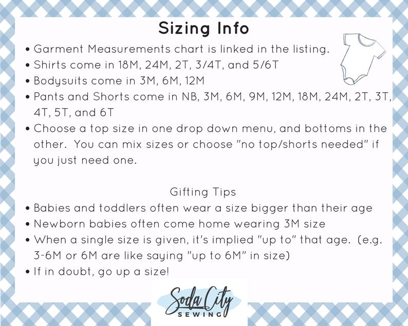a blue and white gingham checkered background with the text sizing info