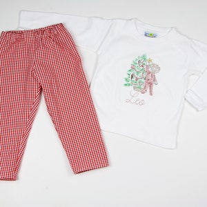 Toddler Christmas Shirt Embroidered - Little Boys Christmas Outfit - Red Gingham pants - Sketch Embroidery Outfit - Boys Nostalgic Christmas image 6