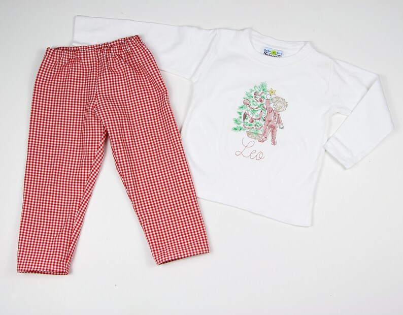 Toddler Christmas Shirt Embroidered - Little Boys Christmas Outfit - Red Gingham pants - Sketch Embroidery Outfit - Boys Nostalgic Christmas image 6