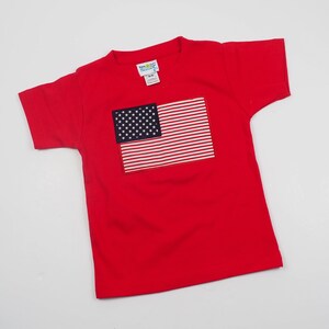 May include: Red short-sleeved t-shirt with an embroidered American flag on the front. The flag is white and blue with red stripes.