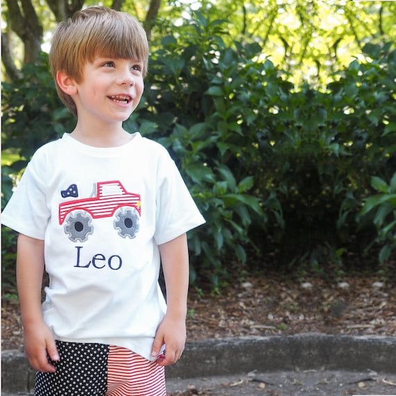 Independence Day Shirt - Boys Monster Truck 4th of July Tee and American Flag Shorts Outfit