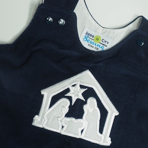 Nativity Longall for Boys - Navy Christmas Jon Jon - Little Boy Rompers - Corduroy Toddler Boy Overalls - Navy Manger Scene Embroidery Baby