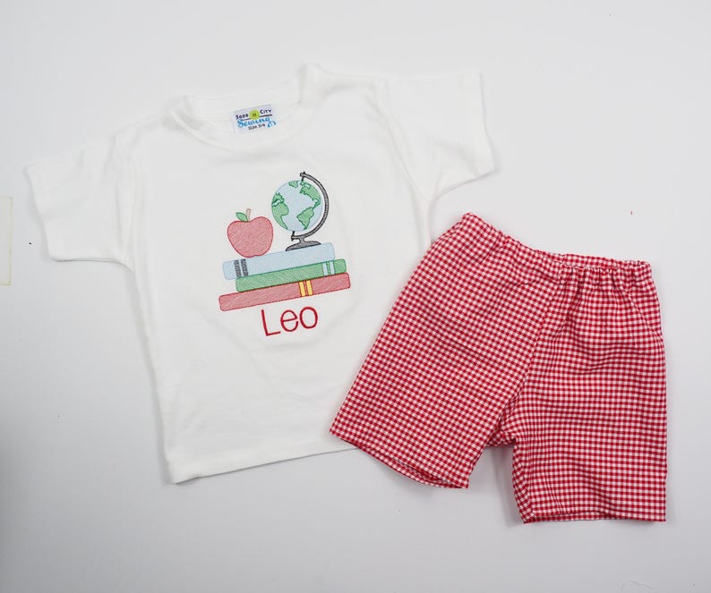 First Day of Preschool Shirt - Vintage Stitch Boys Back to School Embroidery - Monogrammed 1st Day T-Shirt with Sketch Globe, Books, Apple image 4