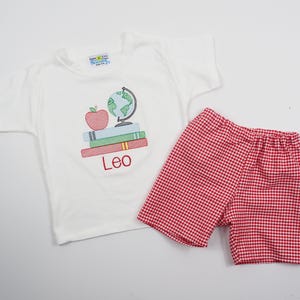 First Day of Preschool Shirt - Vintage Stitch Boys Back to School Embroidery - Monogrammed 1st Day T-Shirt with Sketch Globe, Books, Apple