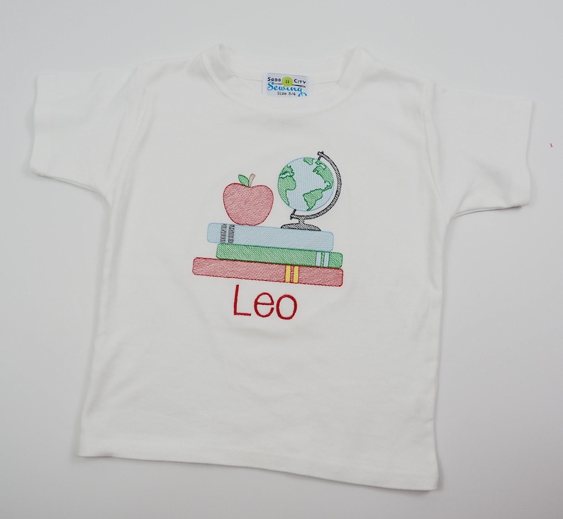 First Day of Preschool Shirt - Vintage Stitch Boys Back to School Embroidery - Monogrammed 1st Day T-Shirt with Sketch Globe, Books, Apple image 6