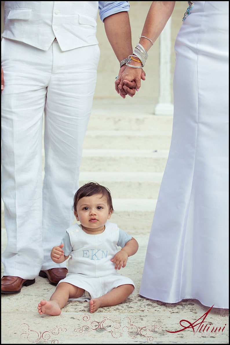 White Linen Baptism Romper Boys Dedication Outfit Toddler Boy Christening Clothes Personalized Baptism Little Boy Baptism Shortall image 2