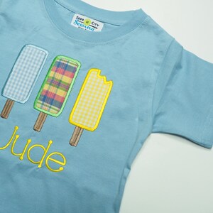 Summer Boys Applique Outfit Popsicle Shirt with Light Blue Gingham Shorts for Little Boys Personalized Baby Boy Clothes Ice Cream Party image 5