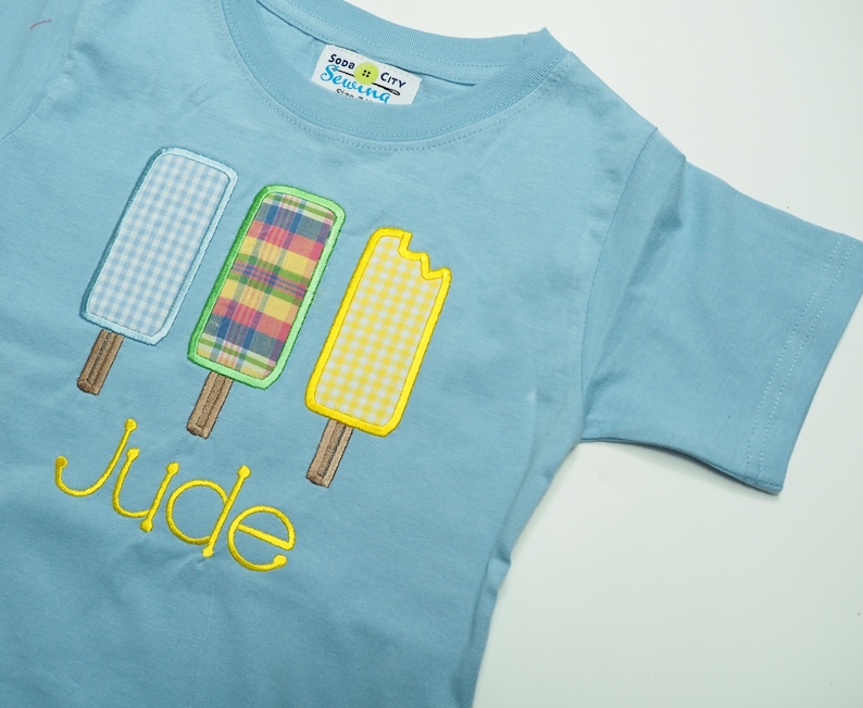 Summer Boys Applique Outfit Popsicle Shirt with Light Blue Gingham Shorts for Little Boys Personalized Baby Boy Clothes Ice Cream Party image 5