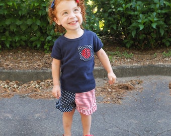 4th of July Outfit for Little Girls - Flag Ruffle Shorts - Initial Pocket Tee for Toddler Girls or Babies - Independence Day Outfit