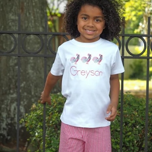 Boys Rooster Embroidered Shirt for Football Fans in South Carolina - with Red Gingham Shorts