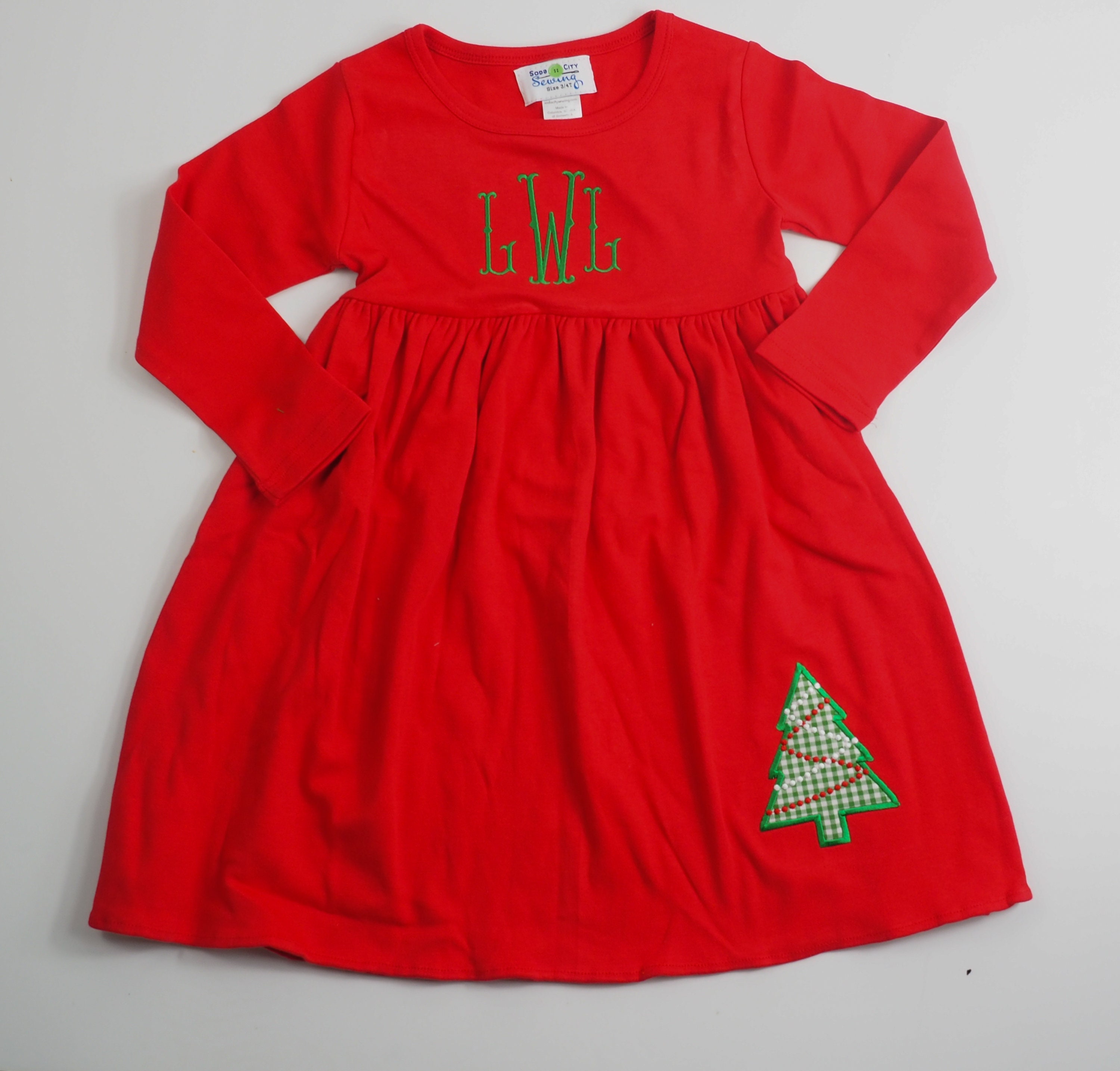 Personalized Christmas Dress with Applique Chrsitmas Tree and Monogram - Perfect Girls Outfit for Baby or Toddler for the Holidays