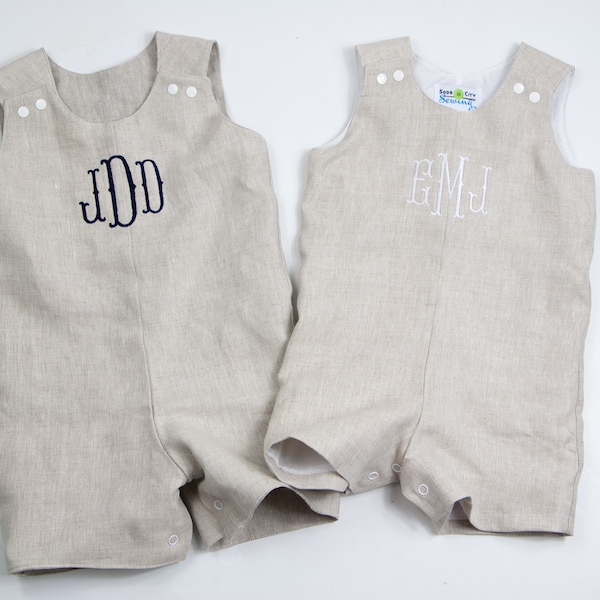 Baby Boy Outfit for Pictures - Baby Boys Linen Wedding - Rustic Wedding Suit - Ring Bearer Suit - Toddler Boy Linen Romper - Monogram Romper