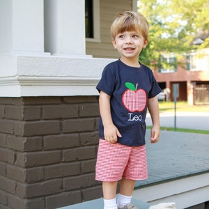 Boys Back to School Outfit Personalized Apple Applique Shirt with Red Gingham Shorts, Perfect for First Day of Preschool and Kindergarten image 2