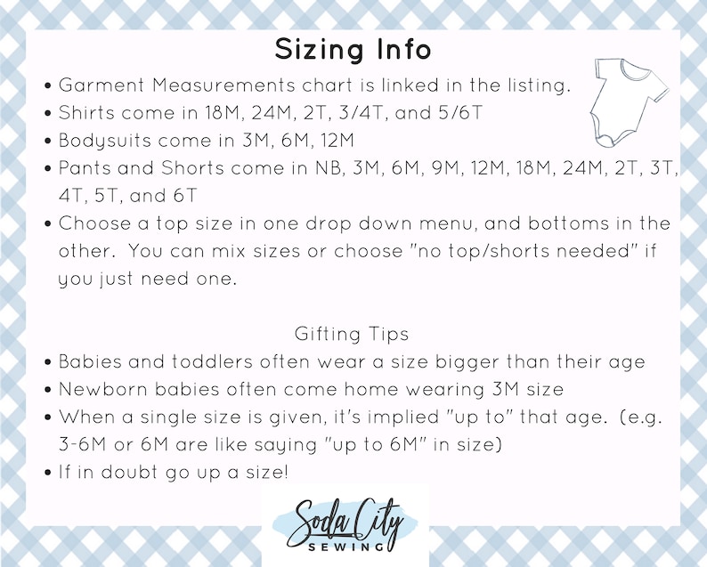 Op de afbeelding: Maatinformatie voor babykleding, inclusief een maattabel voor shirts, rompers, broeken en shorts. De tekst bevat ook cadeautips voor baby's en peuters.