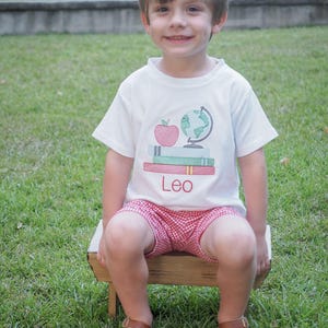 First Day of Preschool Shirt - Vintage Stitch Boys Back to School Embroidery - Monogrammed 1st Day T-Shirt with Sketch Globe, Books, Apple image 3