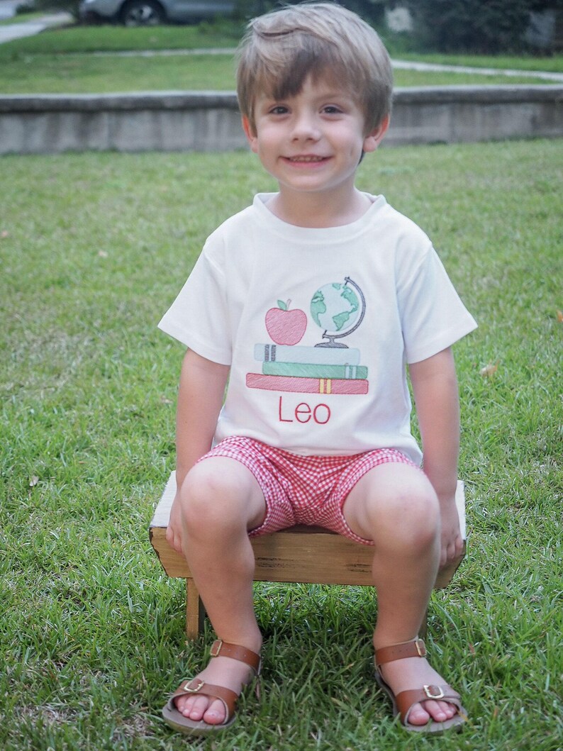 First Day of Preschool Shirt - Vintage Stitch Boys Back to School Embroidery - Monogrammed 1st Day T-Shirt with Sketch Globe, Books, Apple image 3
