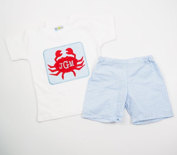 Little Boys Summer Shorts Outfit Light Blue Gingham With Red