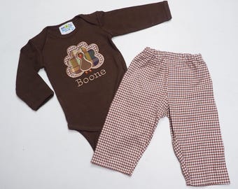 Baby Türkei Outfit - Baby Thanksgiving Shirt - Jungen Türkei Shirt - Ginghamhose - Baby Thanksgiving Outfit für Jungen - Soda City Sewing Boutique
