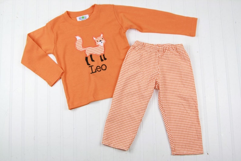 May include: Orange and white gingham pants and a long-sleeved orange shirt with an embroidered fox and the name "Leo" on the front.