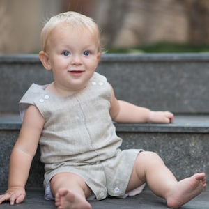 Christening Suit for Boys - Linen Romper for Baby Boy - Christening Outfit for Boy - White Linen Dedication Romper - Monogrammed Christening