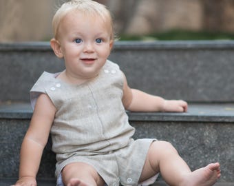 Taufanzug für Jungen - Leinen Romper für Baby Jungen - Tauf Outfit für Jungen - Weißer Leinen Strampler - Mit Monogramm Taufe