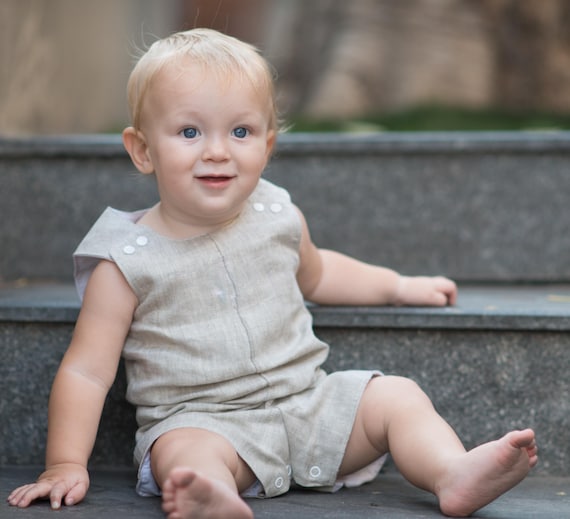 Christening Suit for Boys - Linen Romper for Baby Boy - Christening Outfit for Boy - White Linen Dedication Romper - Monogrammed Christening