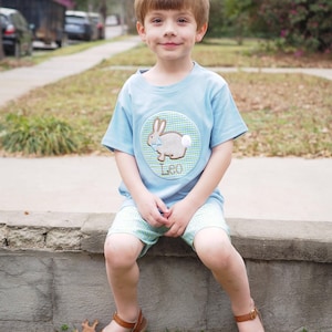 Little Boys Personalized Easter Bunny Shirt with Light Blue & Green Gingham Shorts - Comfortable Easter Outfit for Toddler Boys